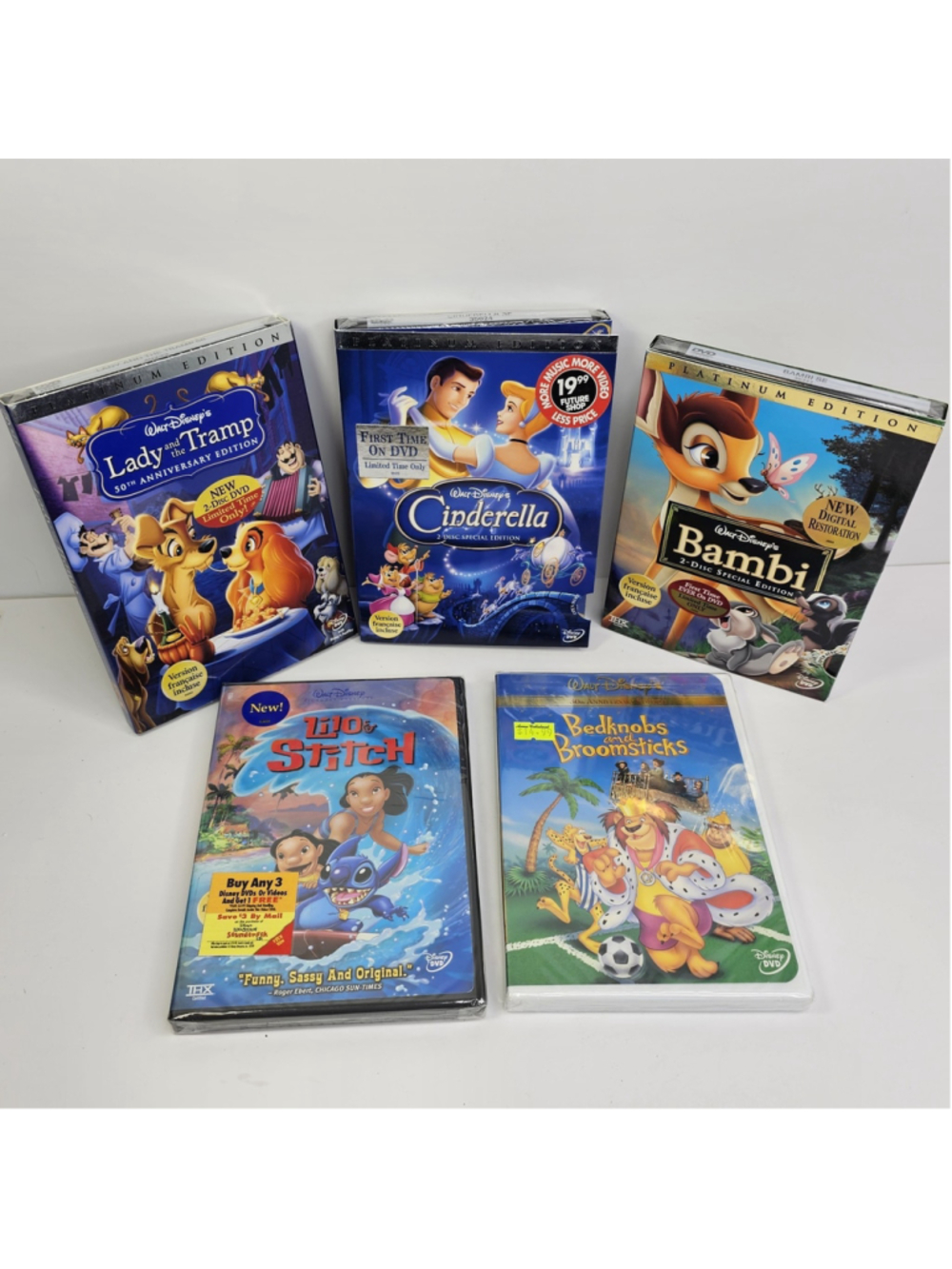 5 Sealed Walt Disney DVD Movie Collection All NEW. Bambi, Cinderella, Lady Tramp